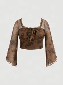 SHEIN MOD Plus Floral Print Tie Front Ruched Bust Frill Trim Flare Sleeve Tee - Brown - View 1