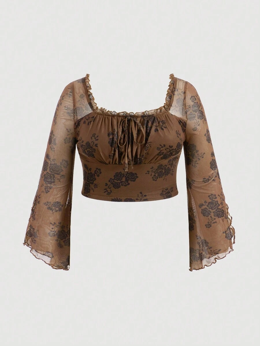 SHEIN MOD Plus Floral Print Tie Front Ruched Bust Frill Trim Flare Sleeve Tee - Brown - View 1