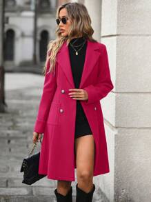 EURMUSE Lapel Neck Double Breasted Overcoat - Hot Pink - View 7