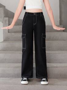 Tween Girl Flap Pocket Side Cargo Jeans - Black - View 1