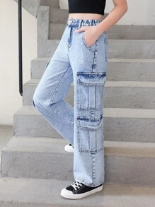 Tween Girl Flap Pocket Cargo Jeans - Light Wash - View 6