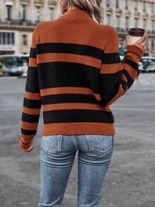 SHEIN Essnce 撞色前拉鍊落肩袖套頭毛衣 - 卡其色 - 查看 2