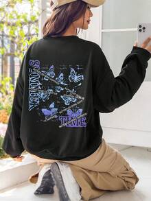 SHEIN EZwear Hoạt hình Bướm & Chữ cái Thả vai Áo nỉ - màu đen - Xem 1