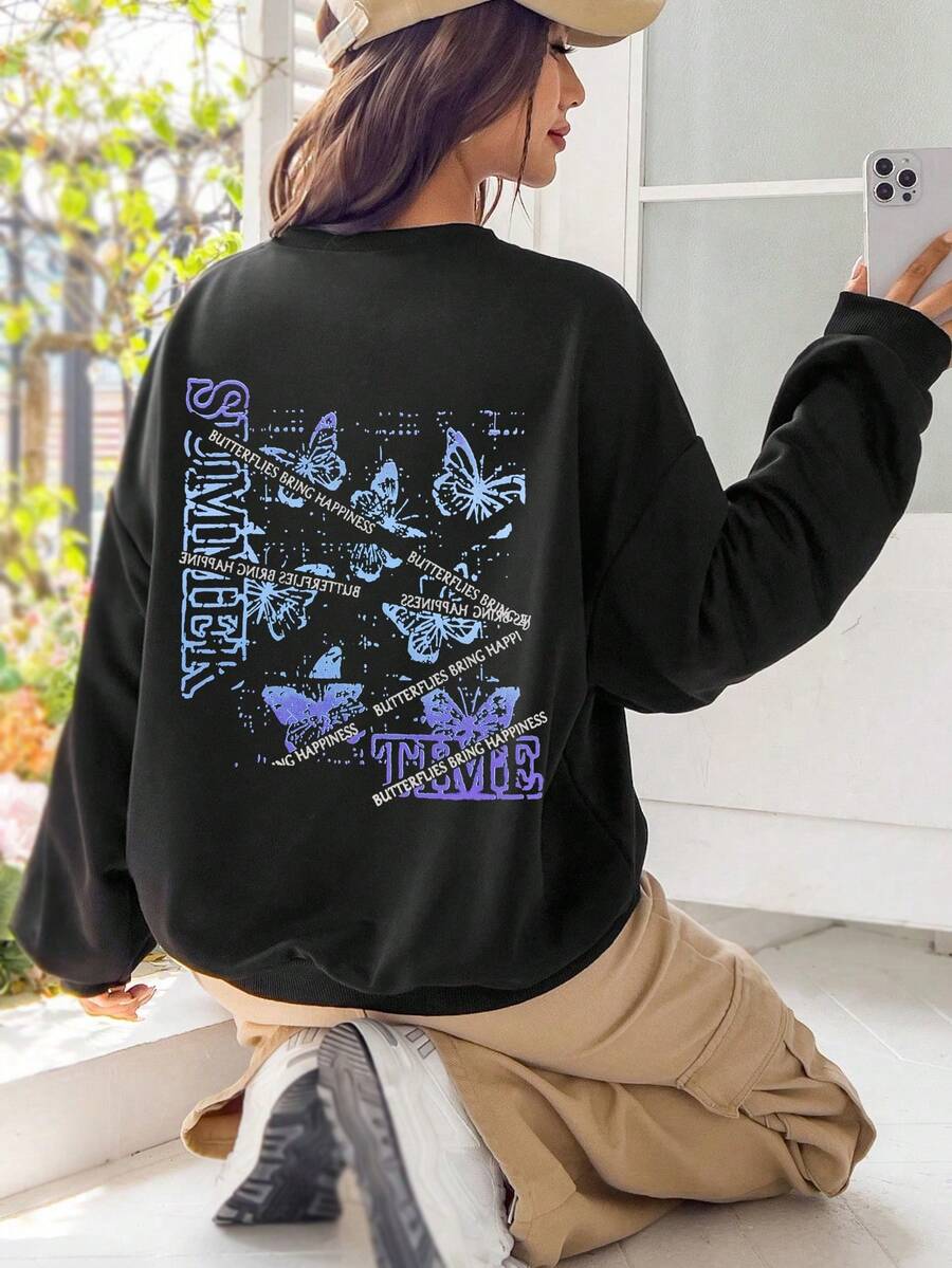 SHEIN EZwear Hoạt hình Bướm & Chữ cái Thả vai Áo nỉ - màu đen - Xem 1