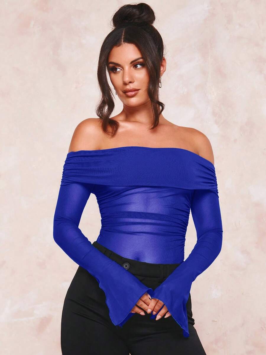 SHEIN BAE Gấp lại Off Shoulder Xù Lưới Áo - Xanh đậm - Xem 1