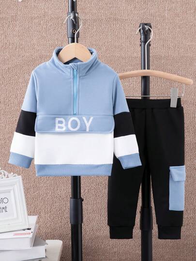 2 Unidades/conjunto Roupa De Streetwear Casual Esportiva Azul Para Meninos Meninos Com Bordado 'menino', Inverno