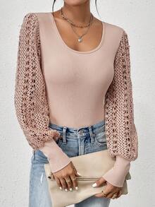 SHEIN Frenchy Body De Manga De Linterna De Encaje Y Acanalado - Albaricoque - Ver 5