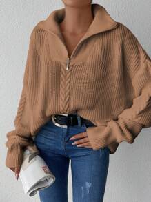 EURMUSE Women's Solid Color Drop Shoulder Half-zip Sweater - Camel - View 3