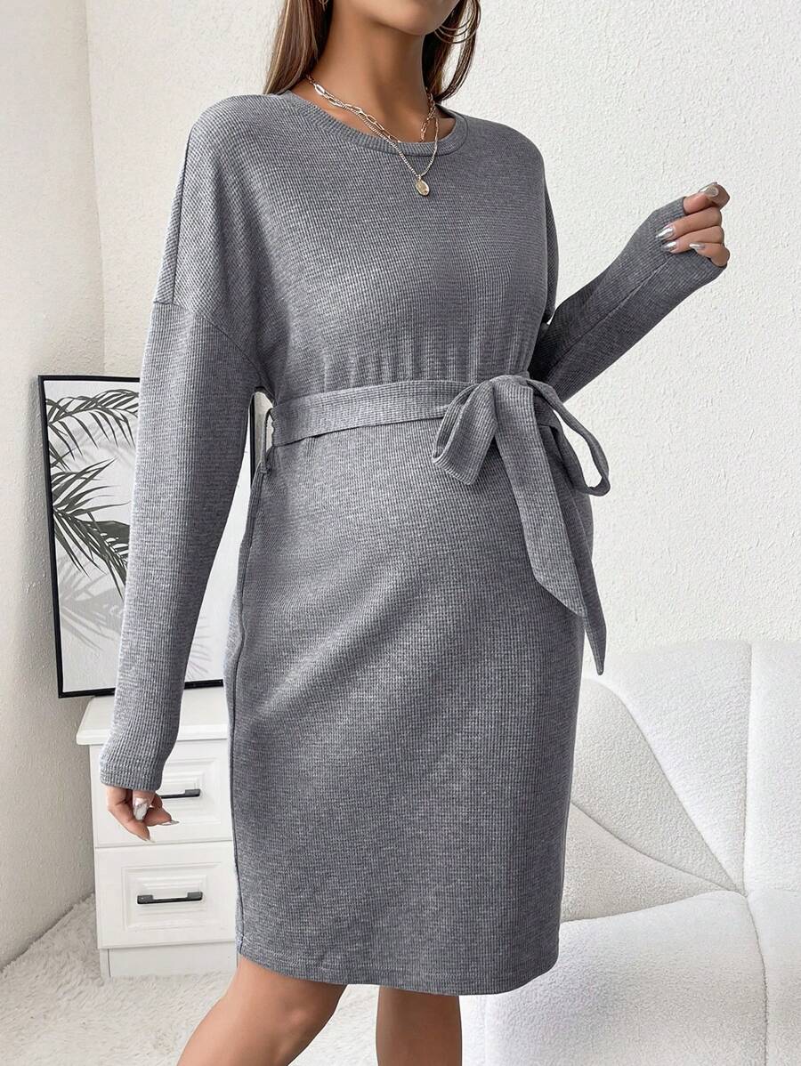 SHEIN Maternity Drop Shoulder Belted Dress - Dark Grey - View 1