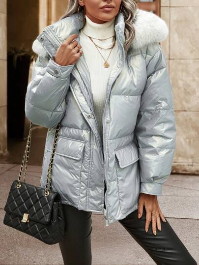 SHEIN LUNE Flap Pocket Fuzzy Trim Hooded Down Coat Fall Cloth For Women