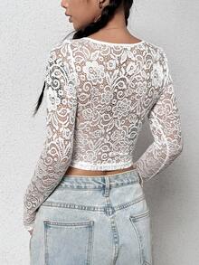 SHEIN Unity 大圓領短款蕾絲上衣 - 白色 - 查看 2