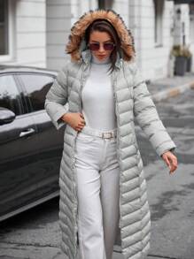 EURMUSE Fleece-trimmed, Side Pockets, Zipper Front, Hooded Puffer Coat - Grey - View 3