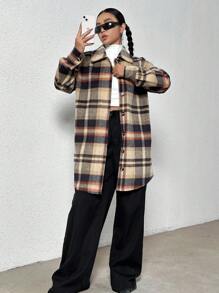 SHEIN Unity 前扣格纹长袖落肩中长款大衣，时尚百搭 - 咖啡棕 - 查看 4