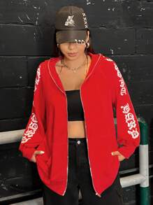 SHEIN EZwear Plus Size Letter Graphic Zip Up Sweatshirt - Red - View 6