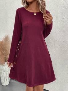 SHEIN LUNE Solid Button Detail Tee Dress - Burgundy - View 4