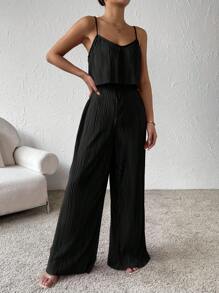SHEIN Essnce Top de tirantes unicolor plisado & Pantalones de pierna ancha