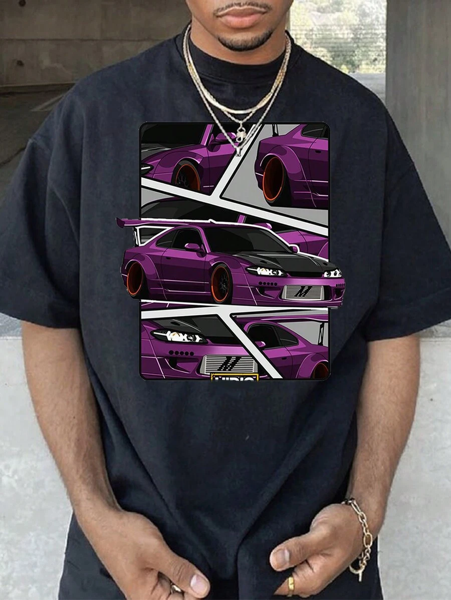 Men Car Print Drop Shoulder Tee - Black - View 1