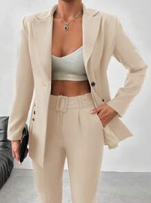 SHEIN Women's Solid Color Notch Lapel Suit Set With Long Coat And Pants - Beige - View 3