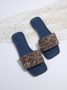 Women's Rhinestone Flat Sandals - Gold - View 4