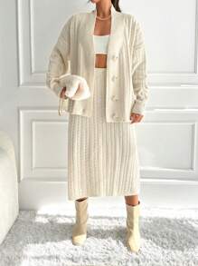 EURMUSE Plus Cable Knit Drop Shoulder Cardigan & Knit Skirt Without Belt, For Winter - Apricot - View 4
