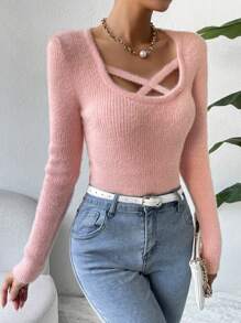 SHEIN Unity 前交叉大圓領毛茸茸套頭毛衣 - 粉色 - 查看 5