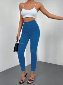 RueChic Ripped Skinny Jeans - Blue - View 3