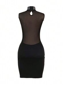 Rhinestone Detail Mesh Bodice Bodycon Dress - Black - View 4