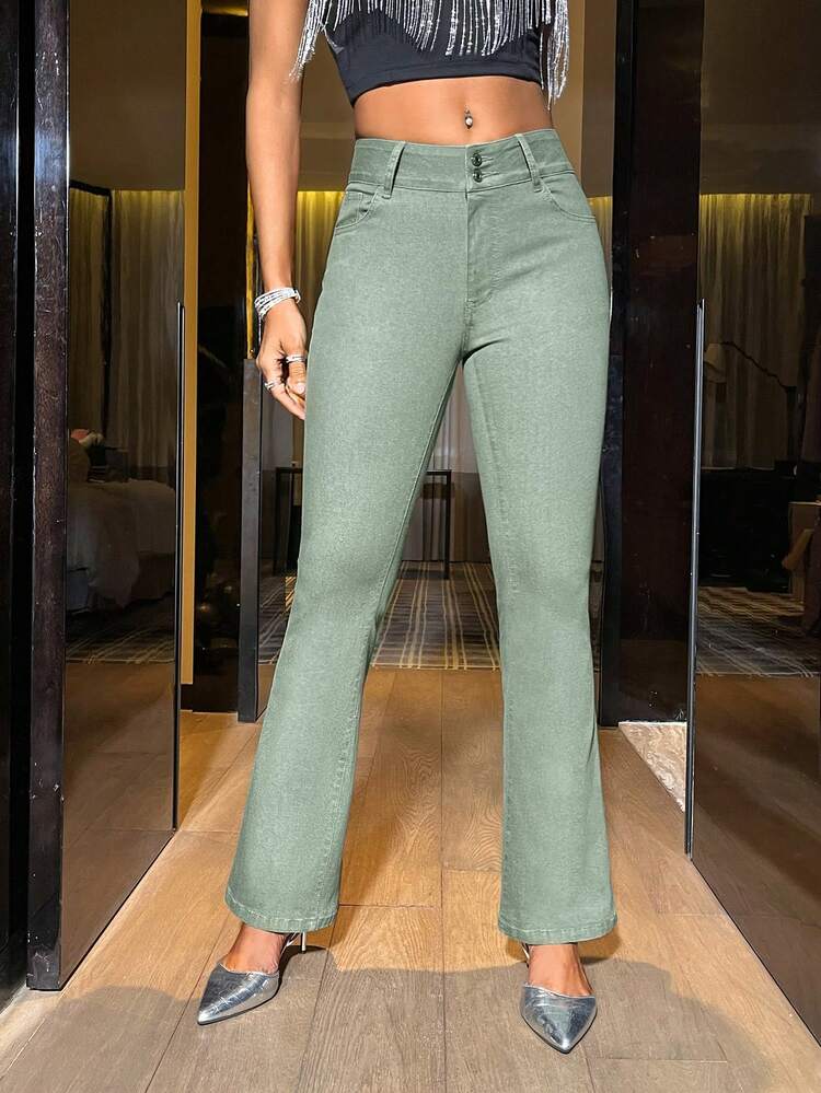 Solid Slant Pocket Flare Leg Jeans