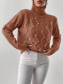 SHEIN Essnce 珍珠串珠高領落肩袖套頭毛衣 - 棕色 - 查看 6