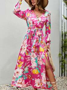 SHEIN VCAY Floral Print Split Thigh Belted Dress - Hot Pink - View 1