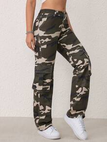 SHEIN Tall Camo Print Flap Pocket Cargo Jeans - Multicolor - View 4