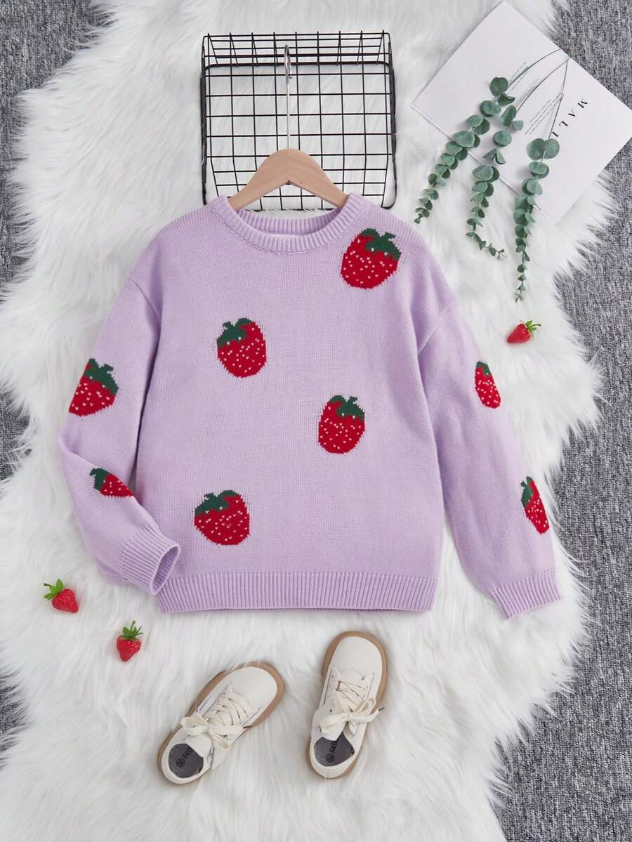 SHEIN 女大童草莓圖案落肩袖套頭毛衣 - 淡紫色 - 查看 1