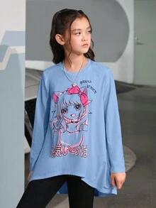 女大童卡通和字母圖案高低下擺T恤 - 淺藍色 - 查看 3