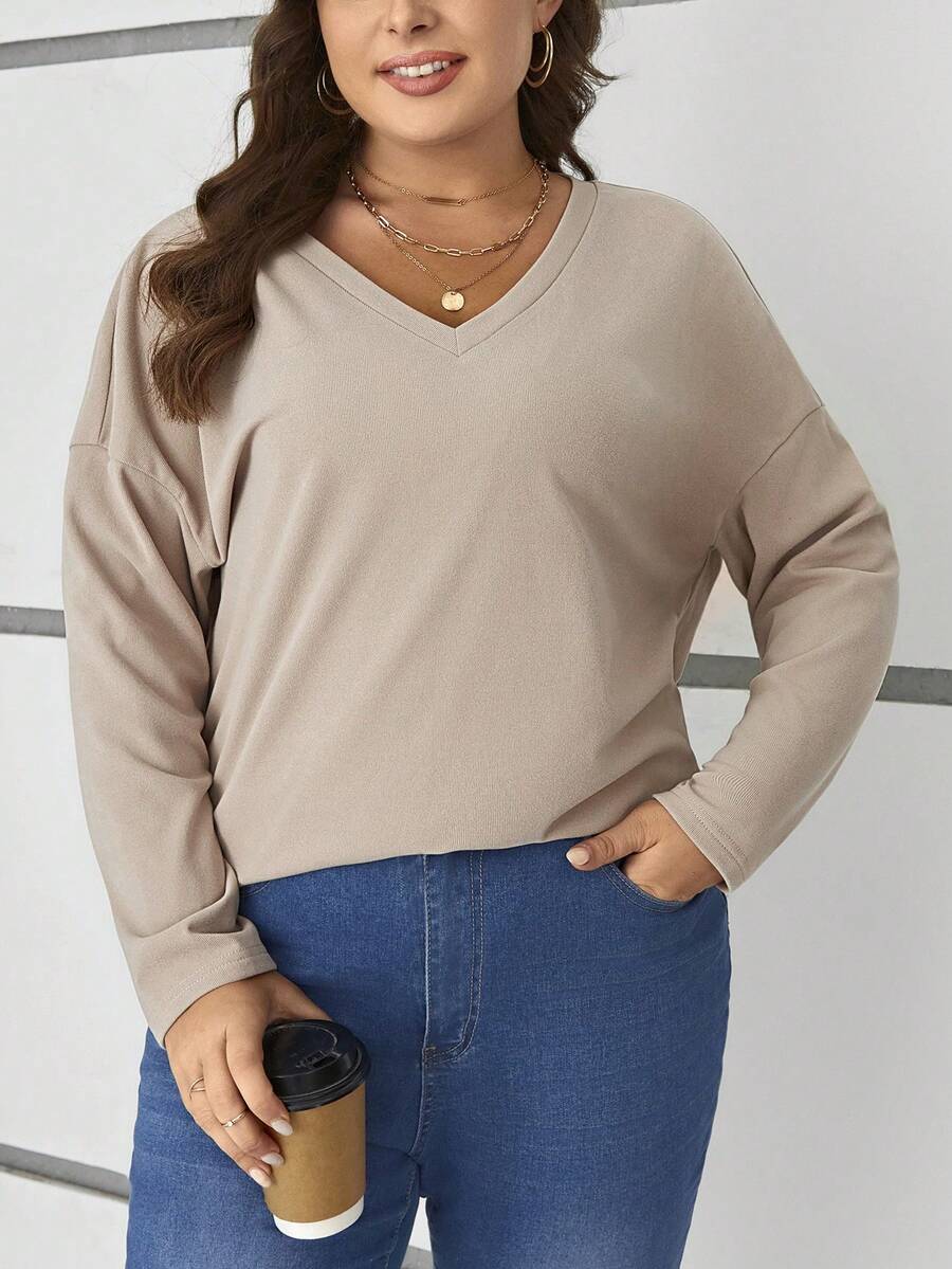 SHEIN LUNE Hơn Áo thun Thả vai - Màu Khaki - Xem 1