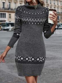 SHEIN Essnce Mẫu Geo Áo cao cổ Đầm Áo len - Xám - Xem 6
