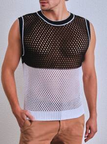 SHE(IN) BRASIL Men Two Tone Striped Trim Open Knit Top - Black and White - View 4