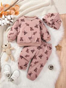 SHEIN 男嬰小熊印花衛衣和衛褲&帽 - 棕色 - 查看 1