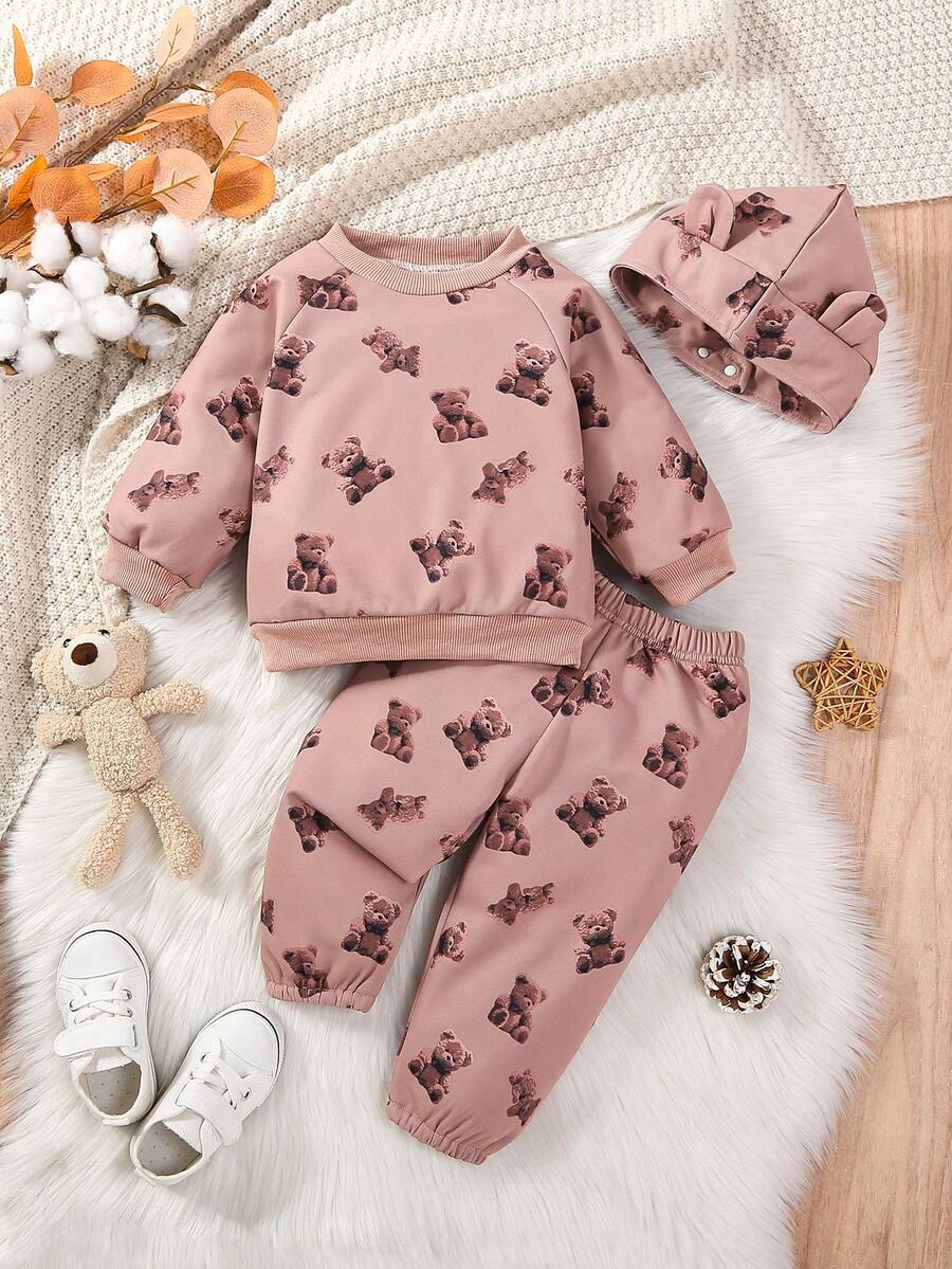 SHEIN 男嬰小熊印花衛衣和衛褲&帽 - 棕色 - 查看 1