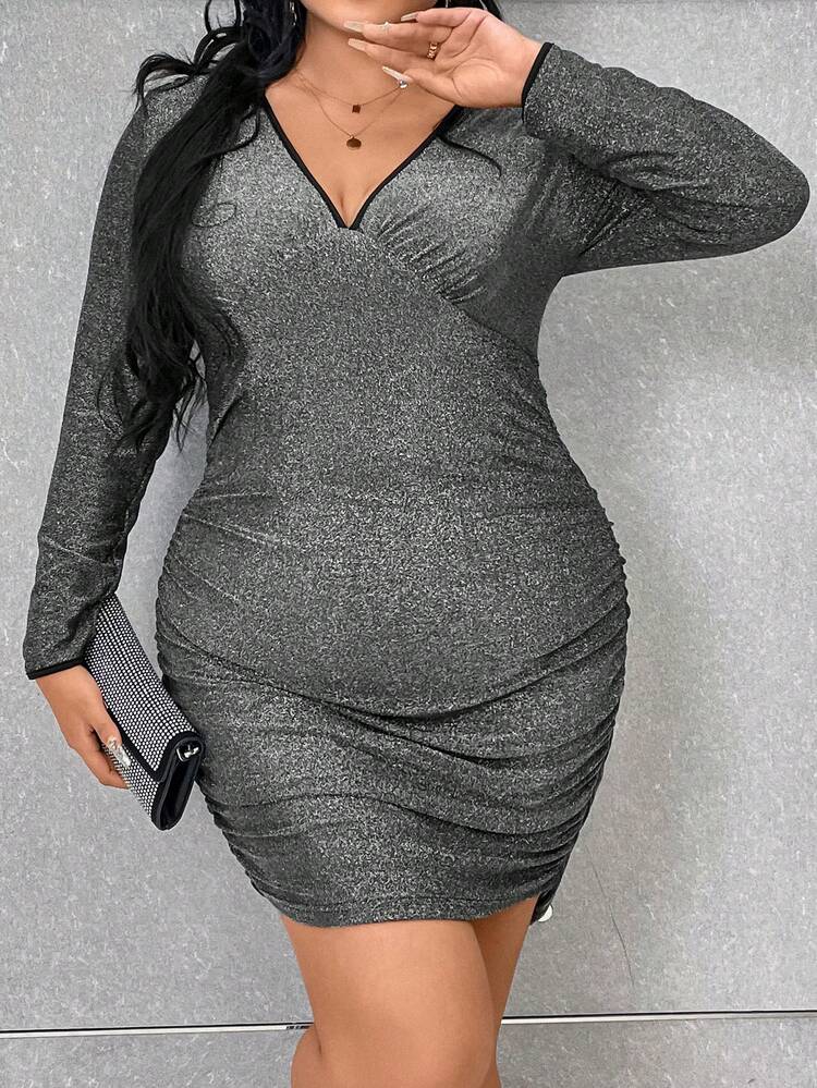 Plus Contrast Binding Ruched Glitter Bodycon Dress