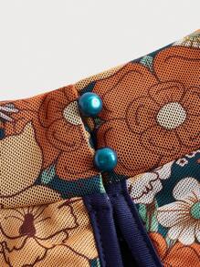 SHEIN MOD 大碼印花小高領喇叭袖木耳邊洋裝 - 綠色 - 查看 3