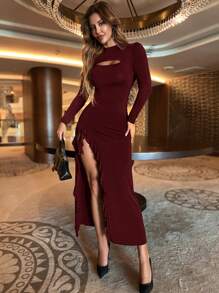 EURMUSE Women's Hollow Out High Split Dress - Burgundy - View 4