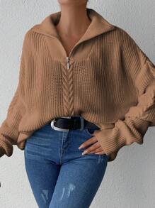 EURMUSE Women's Solid Color Drop Shoulder Half-zip Sweater - Camel - View 5