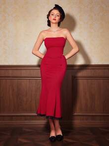 SHEIN DECDS 紐扣細節蕾絲邊魚尾短裙 - 酒紅色 - 查看 5