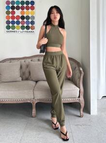 SHEINNeu 女士無袖開背騎帽上衣和短褲套裝 - 軍綠色 - 查看 3