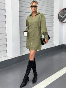 SHEIN Essnce 拉鏈開襟落肩袖燈籠袖洋裝 - 軍綠色 - 查看 6