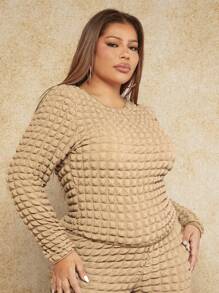 SHEIN SXY Kích thước lớn Của phụ nữ Bong bóng Chất vải Áo thun - Màu Khaki - Xem 5