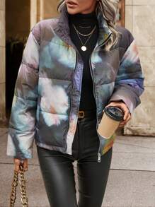 SHEIN LUNE Tie Dye Drop Shoulder Zipper Padded Coat Fall Cloth For Women - Black - View 3