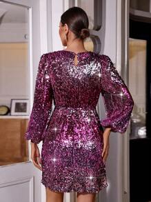 SHEIN Privé Lantern Sleeve Sequin Dress - Hot Pink - View 2