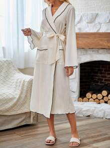 Women's Casual Beige Knitted Long Robe With Shawl Collar And Contrast Binding Flounce Sleeves Medium Stretch, For Fall - Beige - View 6
