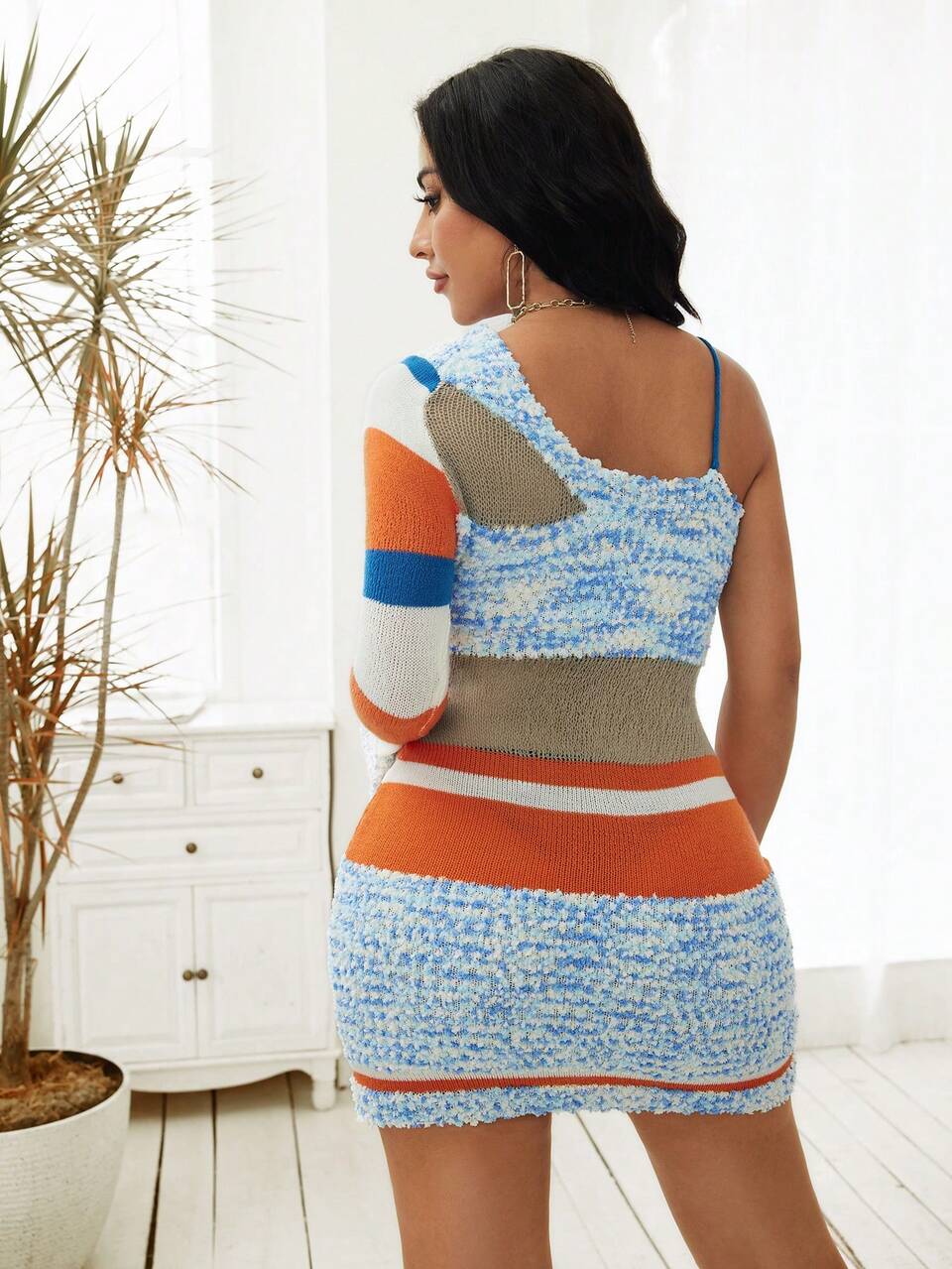 Colorblock Asymmetrical Neck Sweater Dress Fall Cloth For Women